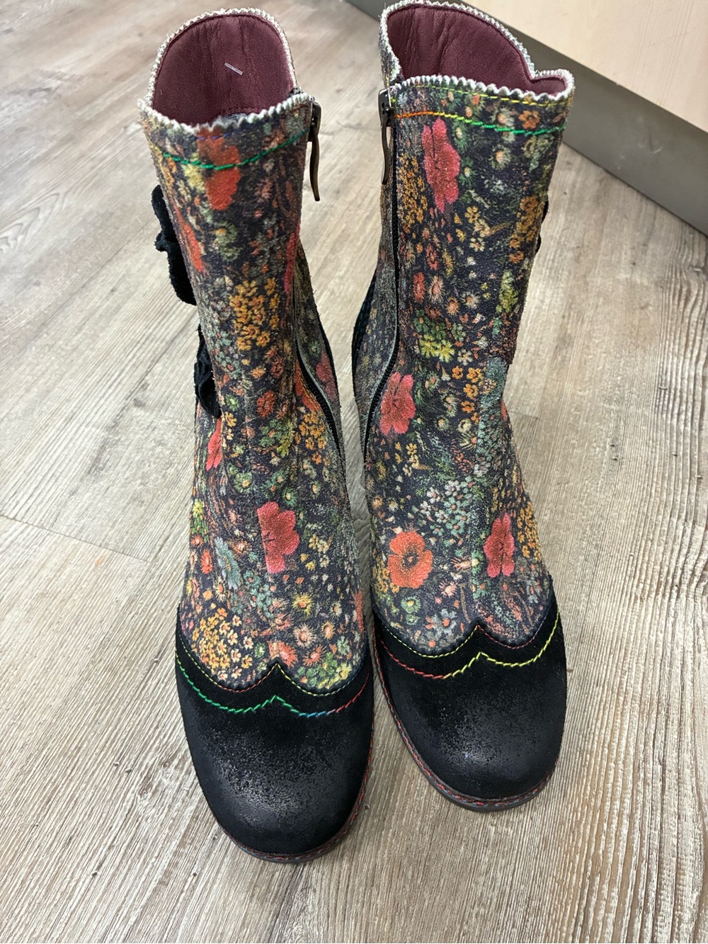 Floral Mid-Calf Heeled Boots in Black with Multicolor Floral